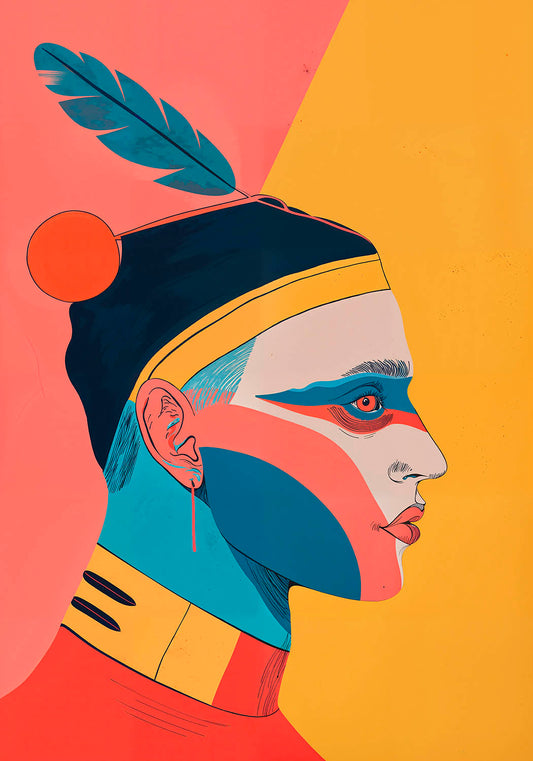 A stylized poster with a profile view of a person featuring bold geometric color blocks and a feather detail, in a modern indigenous-inspired design.