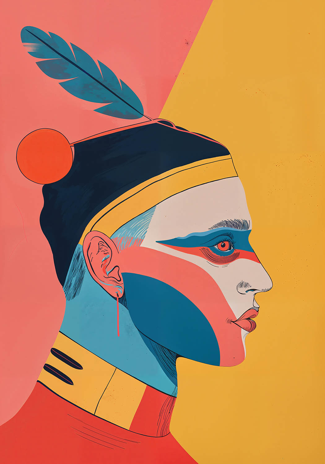 A stylized poster with a profile view of a person featuring bold geometric color blocks and a feather detail, in a modern indigenous-inspired design.