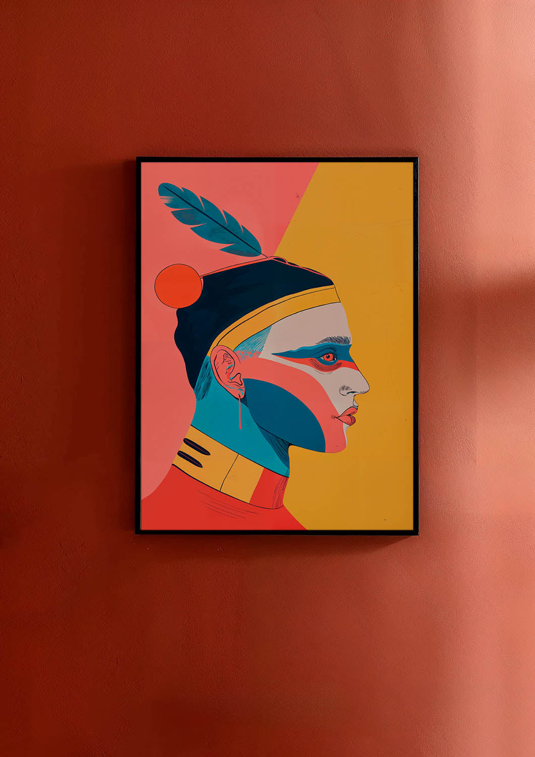 A stylized poster with a profile view of a person featuring bold geometric color blocks and a feather detail, in a modern indigenous-inspired design.