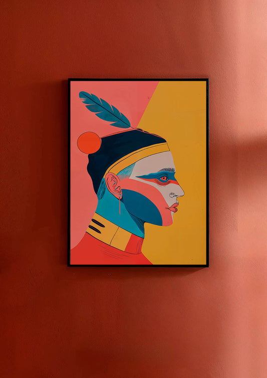 A stylized poster with a profile view of a person featuring bold geometric color blocks and a feather detail, in a modern indigenous-inspired design.