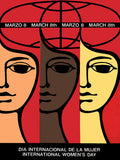 International Women's Day poster for March 8th, featuring an illustration of three diverse female faces—Caucasian, Black, and Asian—symbolizing unity, strength, and beauty. A tribute to women's empowerment and diversity.