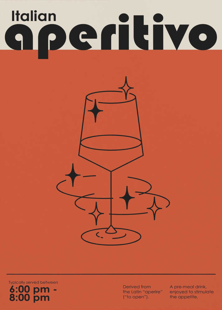 Italian Aperitivo poster featuring bold retro typography, a sparkling wine glass illustration, and warm terracotta orange background.
