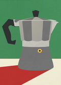 A minimalist graphic art print of a classic Italian Moka pot. The illustration features the octagonal silver and grey stovetop espresso maker with a black handle, set against a solid forest-green upper background and a cream lower surface. A bold, diagonal red shadow extends from the base of the pot.