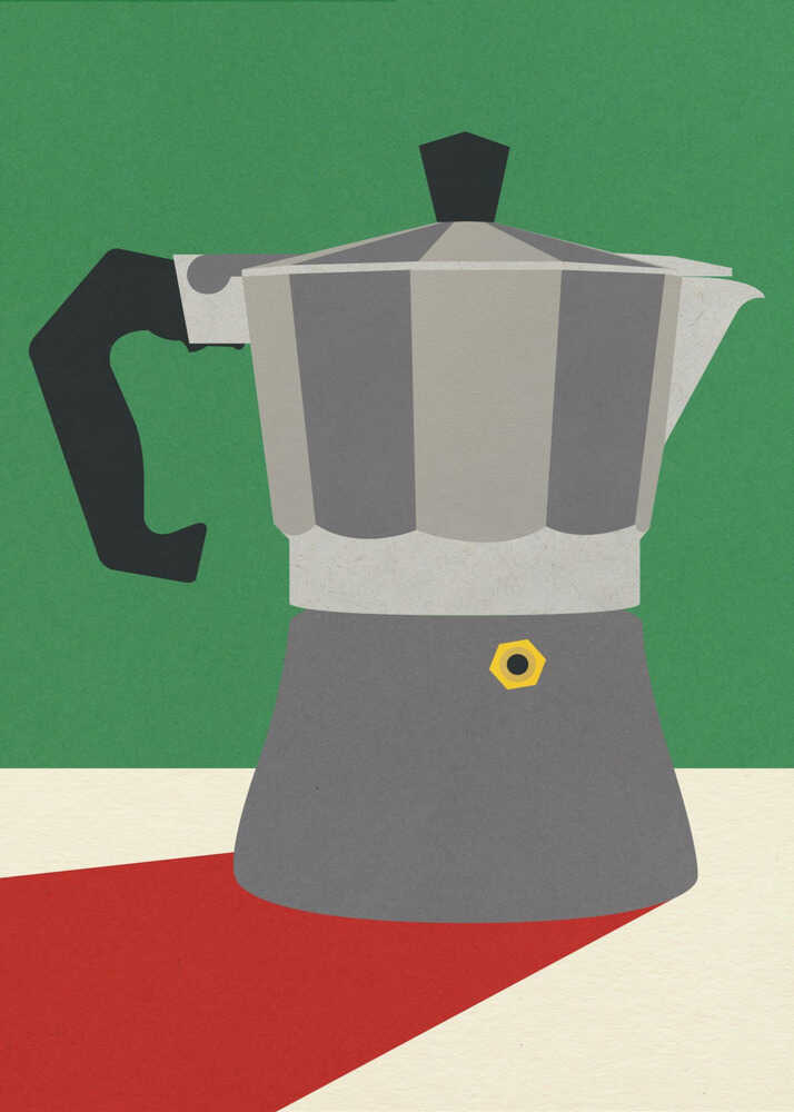 A minimalist graphic art print of a classic Italian Moka pot. The illustration features the octagonal silver and grey stovetop espresso maker with a black handle, set against a solid forest-green upper background and a cream lower surface. A bold, diagonal red shadow extends from the base of the pot.
