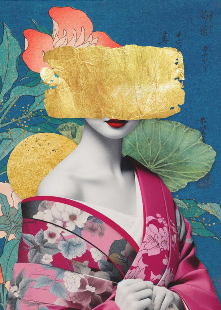 Japanese Gold Kimono Mask poster by Marja van den Hurk, featuring a woman in a floral pink kimono with a gold mask.