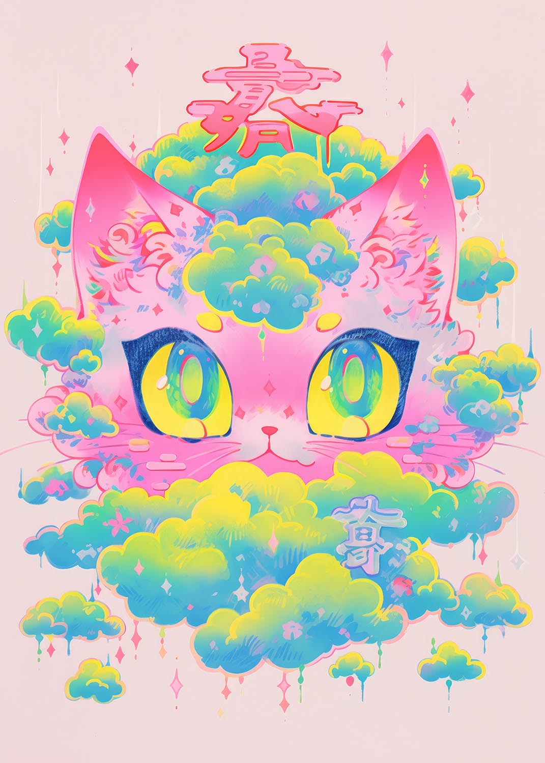 Kawaii cat risograph poster