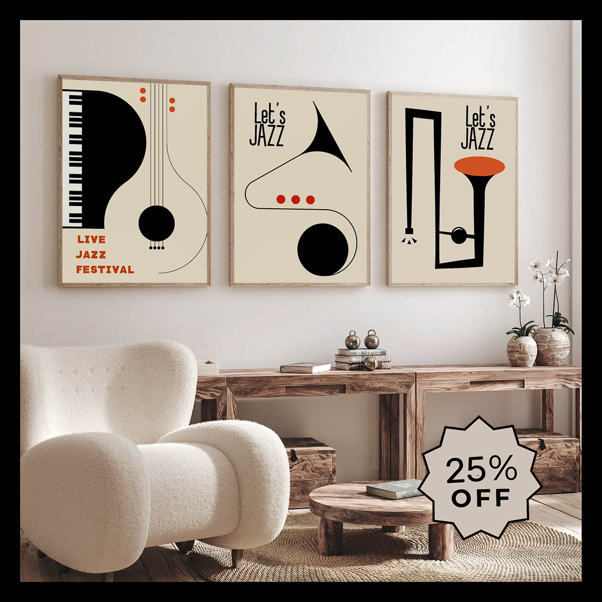 Elegant jazz-themed poster designs showcasing instruments with 'Live Jazz Festival' and 'Let's Jazz' texts, displayed in a modern living room setting.