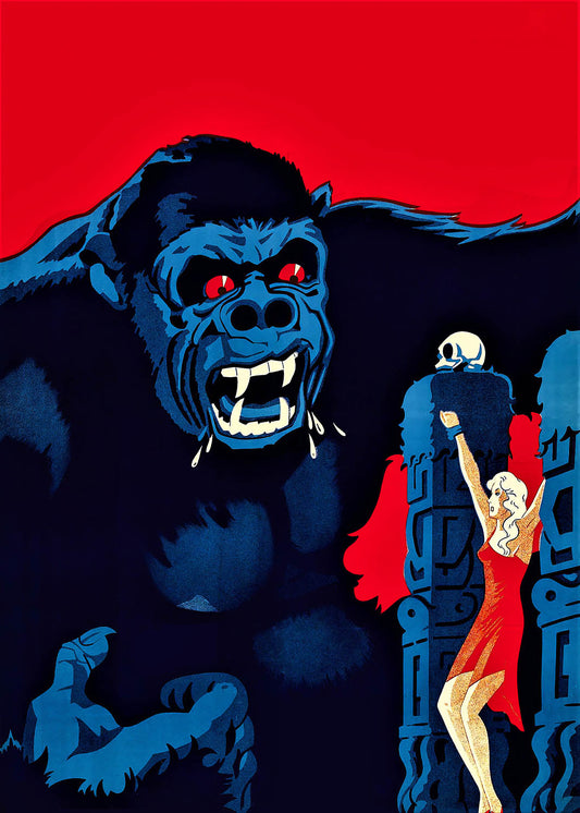 Vintage 1933 King Kong movie poster for the Danish release, featuring a large gorilla with red eyes looming behind a silhouette of a woman in a red dress.