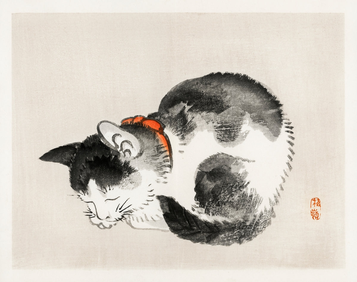 Japanese woodblock print of a black-and-white cat with a red collar, sleeping curled up on a neutral background