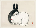 Japanese woodblock print of a white rabbit with red eyes sitting in front of a black rabbit, on a soft beige background.