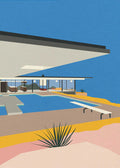 A minimalist architectural art print of the iconic Stahl House in Los Angeles. The illustration features the famous glass-walled mid-century modern home overlooking a swimming pool with a diving board, set against a bright blue sky and desert landscape in flat colors of yellow, pink, and turquoise.