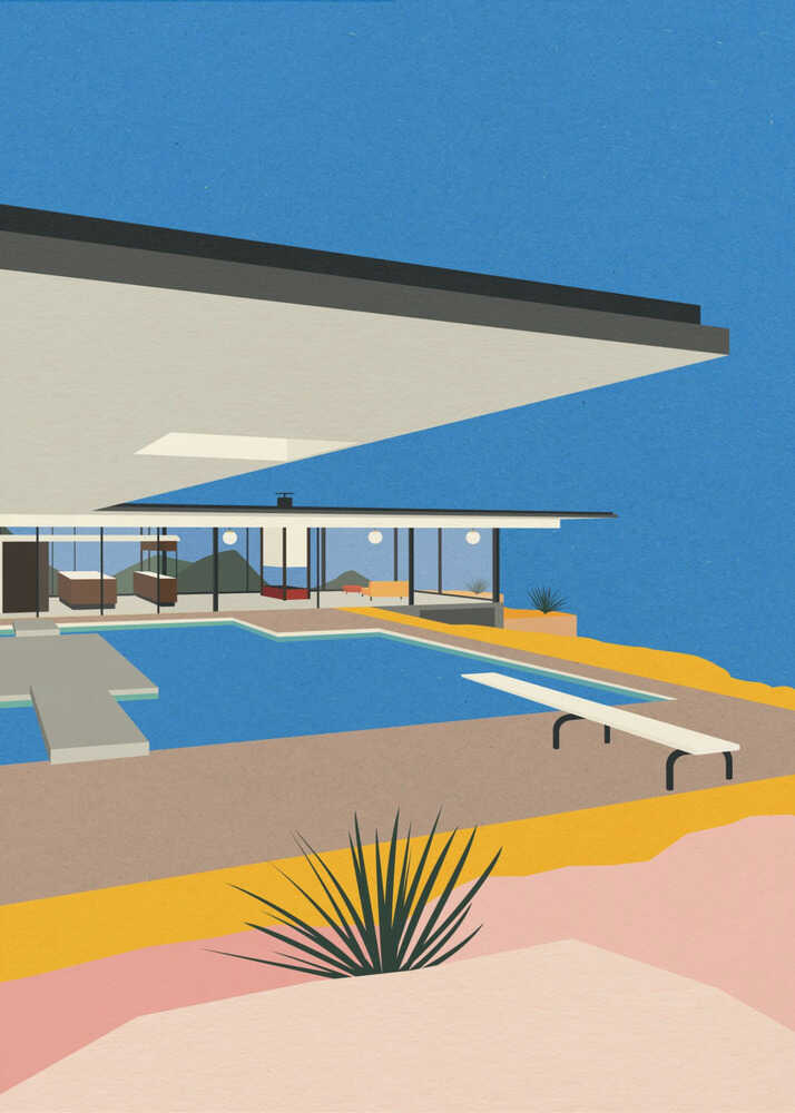 A minimalist architectural art print of the iconic Stahl House in Los Angeles. The illustration features the famous glass-walled mid-century modern home overlooking a swimming pool with a diving board, set against a bright blue sky and desert landscape in flat colors of yellow, pink, and turquoise.