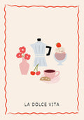 La dolce vita posterIllustrated poster with 'La Dolce Vita' text at the bottom, showcasing a Moka pot, a bowl of gelato with a strawberry on top, a vase with red flowers, a pair of cherries, and a cup of coffee with a biscotti, all in a simple, charming style with a peach background and decorative red border.