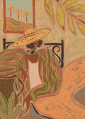 featuring a warm, earthy-toned illustration of a woman wearing a straw hat and a green and brown striped robe. She is seated indoors near a window that shows a view of palm trees, surrounded by tropical plants and a warm terracotta and ochre color palette with a textured, hand-painted aesthetic.