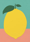 A minimalist graphic art print of a large yellow lemon. The lemon is a solid bright yellow with two dark green leaves and a small stem, set against a background split horizontally into a teal upper half and a salmon pink lower half with a subtle paper texture.