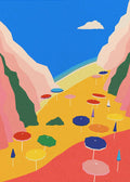 A minimalist graphic art print illustrating a vibrant beach scene in Liguria, Italy. The composition features orange sand dotted with numerous small, colorful umbrellas in reds, blues, yellows, and pinks, situated between steep, stylized pink and green cliffs. The beach opens to a deep indigo sea under a clear blue sky with a single cloud. The design uses flat colors and clean, geometric lines.
