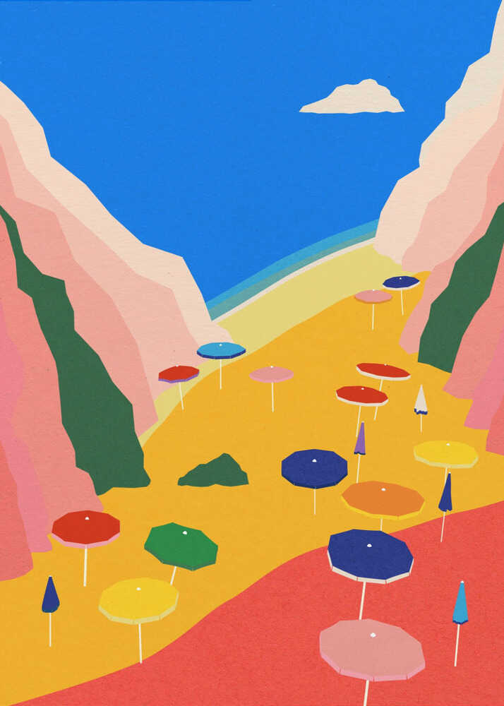 A minimalist graphic art print illustrating a vibrant beach scene in Liguria, Italy. The composition features orange sand dotted with numerous small, colorful umbrellas in reds, blues, yellows, and pinks, situated between steep, stylized pink and green cliffs. The beach opens to a deep indigo sea under a clear blue sky with a single cloud. The design uses flat colors and clean, geometric lines.