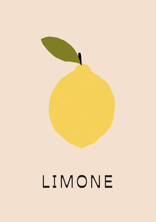 Graphic illustration of a yellow lemon with a single green leaf and the word 'LIMONE' below, on a soft beige background.