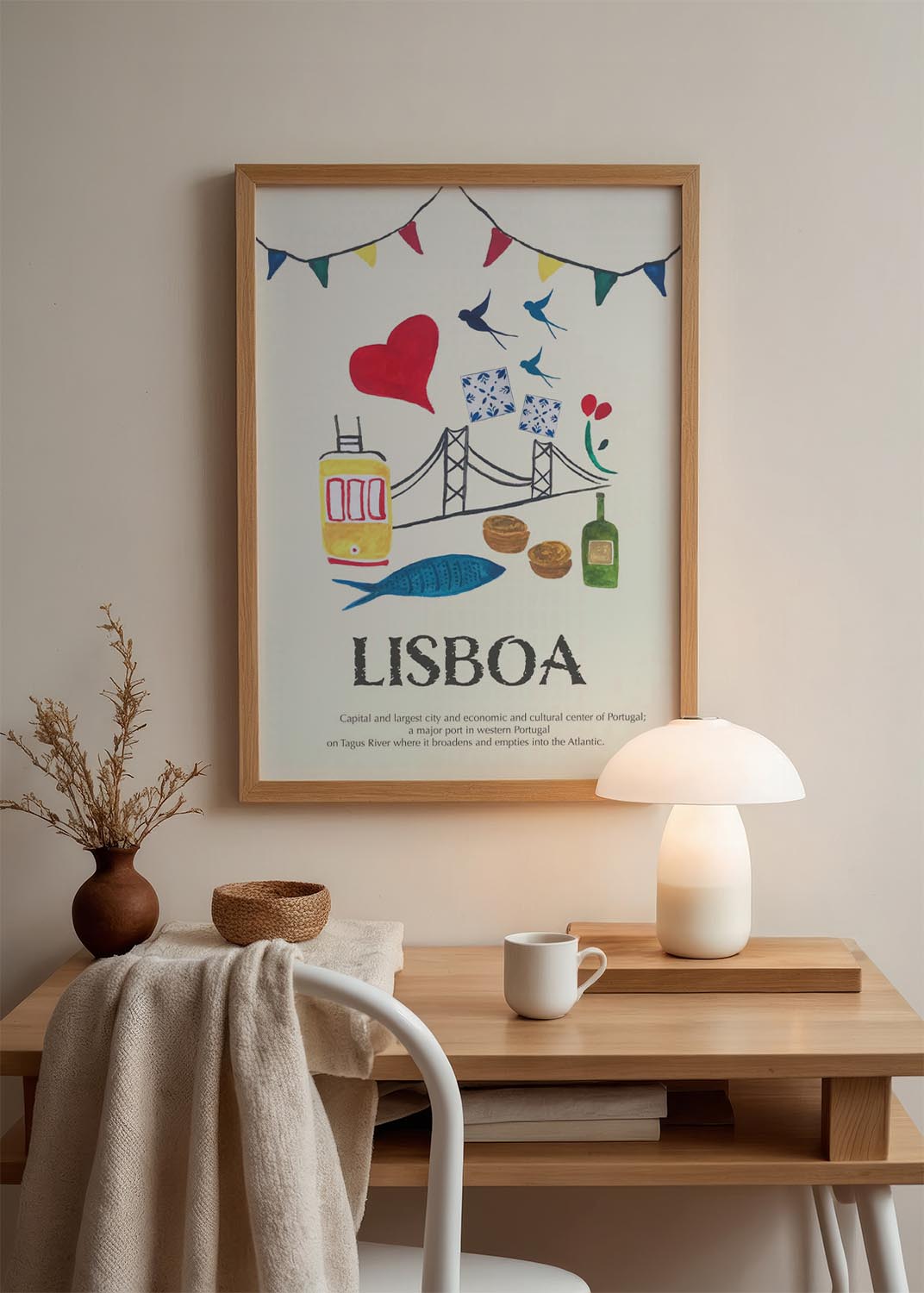 Watercolor-style Lisboa poster with illustrations of Lisbon icons, including a yellow tram, sardines, pastel de nata, the 25 de Abril Bridge, Portuguese tiles, swallows, and colorful bunting.
