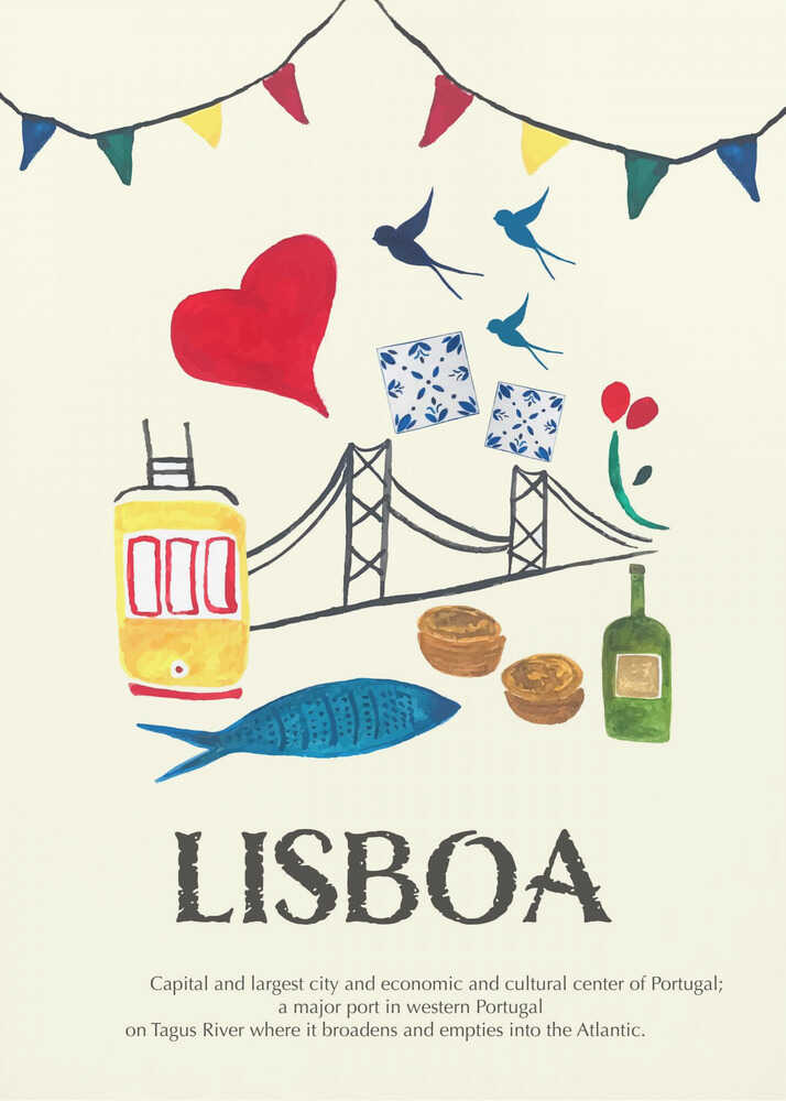 Watercolor-style Lisboa poster with illustrations of Lisbon icons, including a yellow tram, sardines, pastel de nata, the 25 de Abril Bridge, Portuguese tiles, swallows, and colorful bunting.