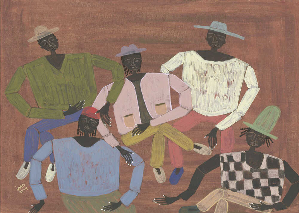 Studio Imo 'Long Time No See' art print, horizontal group portrait featuring modern folk style characters in green, pink, and blue tones.