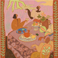 An artistic square poster of the painting "Luncheon with the Ladies" by Arty Guava, featuring three stylized women gathering around a table laden with food and wine against a pink sky.
