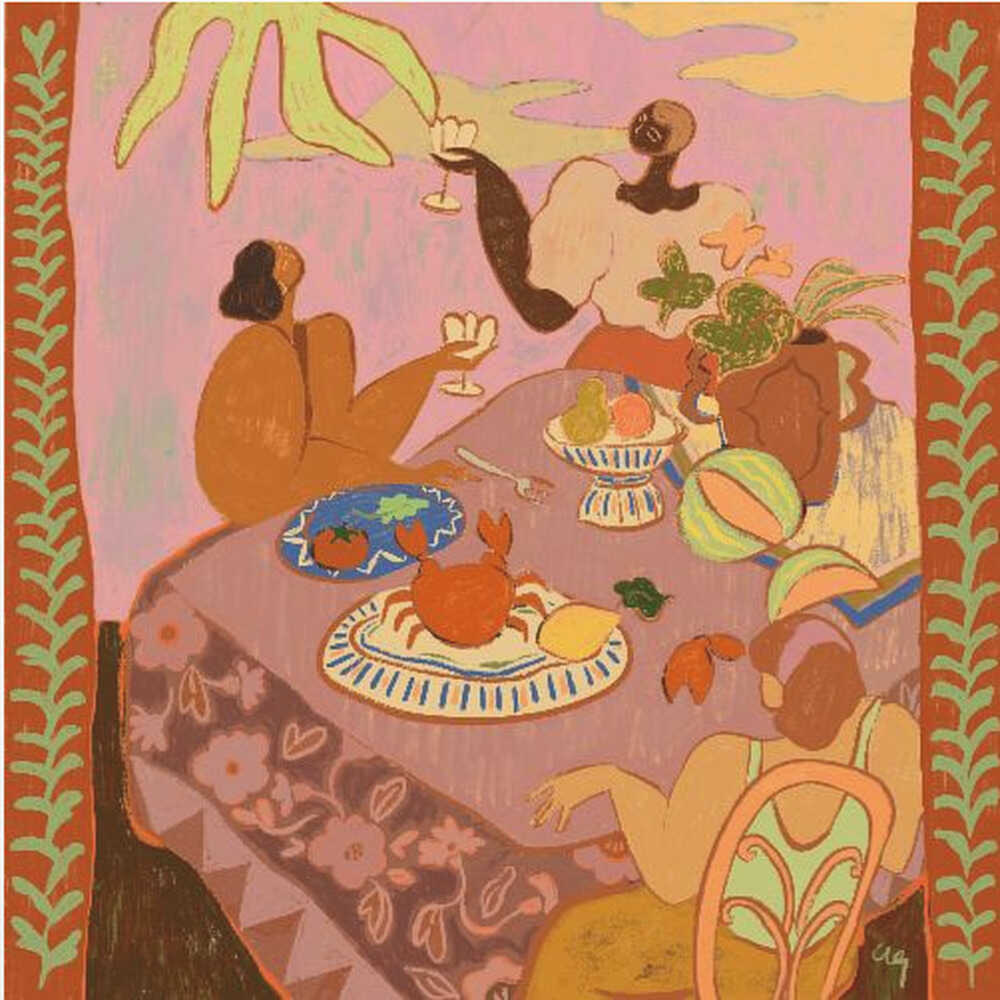 An artistic square poster of the painting "Luncheon with the Ladies" by Arty Guava, featuring three stylized women gathering around a table laden with food and wine against a pink sky.