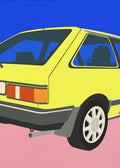 A minimalist graphic art print of a yellow 80s-style hatchback car, shown from a rear-quarter perspective. The car features a boxy design, grey bumpers, and silver multi-spoke wheels, set against a background split horizontally into a deep blue upper half and a bright pink lower half.