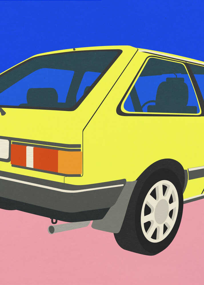 A minimalist graphic art print of a yellow 80s-style hatchback car, shown from a rear-quarter perspective. The car features a boxy design, grey bumpers, and silver multi-spoke wheels, set against a background split horizontally into a deep blue upper half and a bright pink lower half.