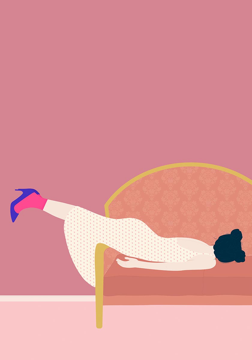 llustration titled Maddie's Mood by Jota De Jai, showing a woman face-down on a vintage pink couch with one leg hanging over the armrest. She wears a patterned dress, bright pink socks, and blue heels, set against a minimalist pink background.
