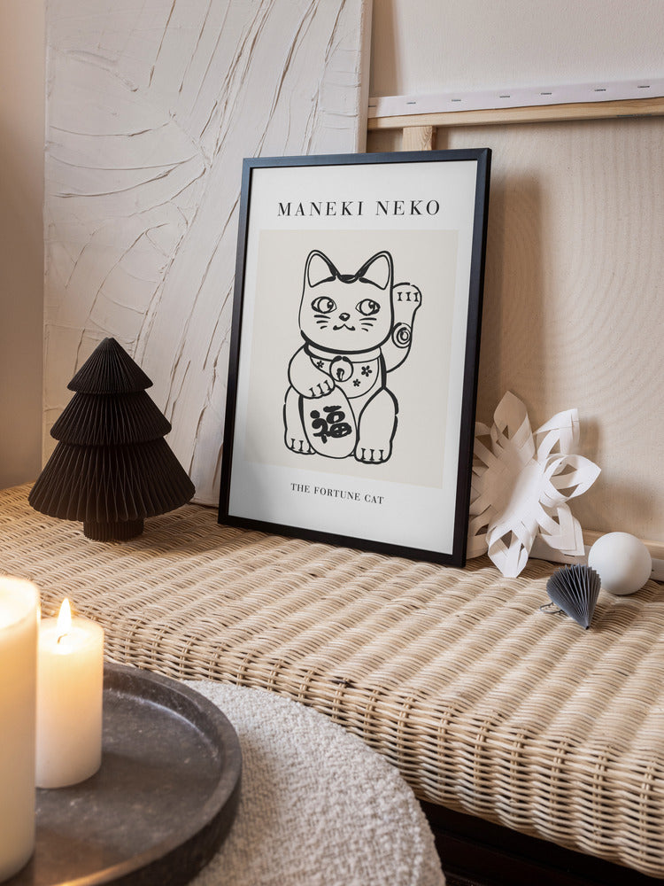 Black and white minimalist illustration of a Maneki Neko (Fortune Cat) with Japanese characters, set against a neutral background with the text "Maneki Neko – The Fortune Cat."
