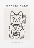 Black and white minimalist illustration of a Maneki Neko (Fortune Cat) with Japanese characters, set against a neutral background with the text "Maneki Neko – The Fortune Cat."