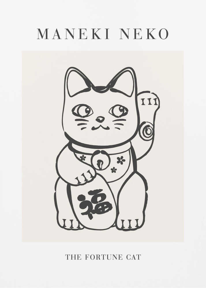 Black and white minimalist illustration of a Maneki Neko (Fortune Cat) with Japanese characters, set against a neutral background with the text "Maneki Neko – The Fortune Cat."