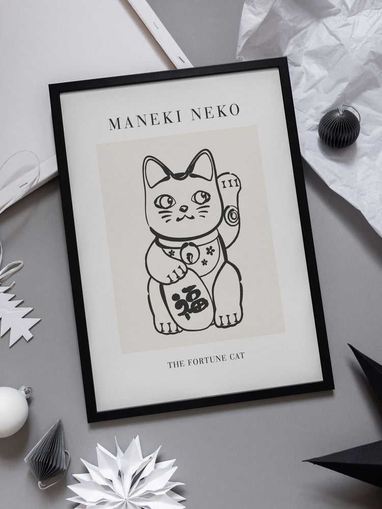 Black and white minimalist illustration of a Maneki Neko (Fortune Cat) with Japanese characters, set against a neutral background with the text "Maneki Neko – The Fortune Cat."