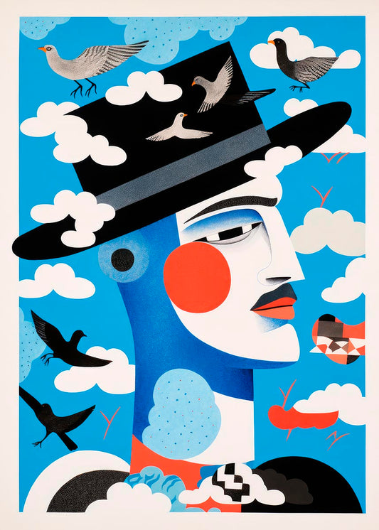 Illustration of a stylized face with a hat, surrounded by flying birds, clouds, and abstract shapes in bold colors, ideal for a nursery setting.