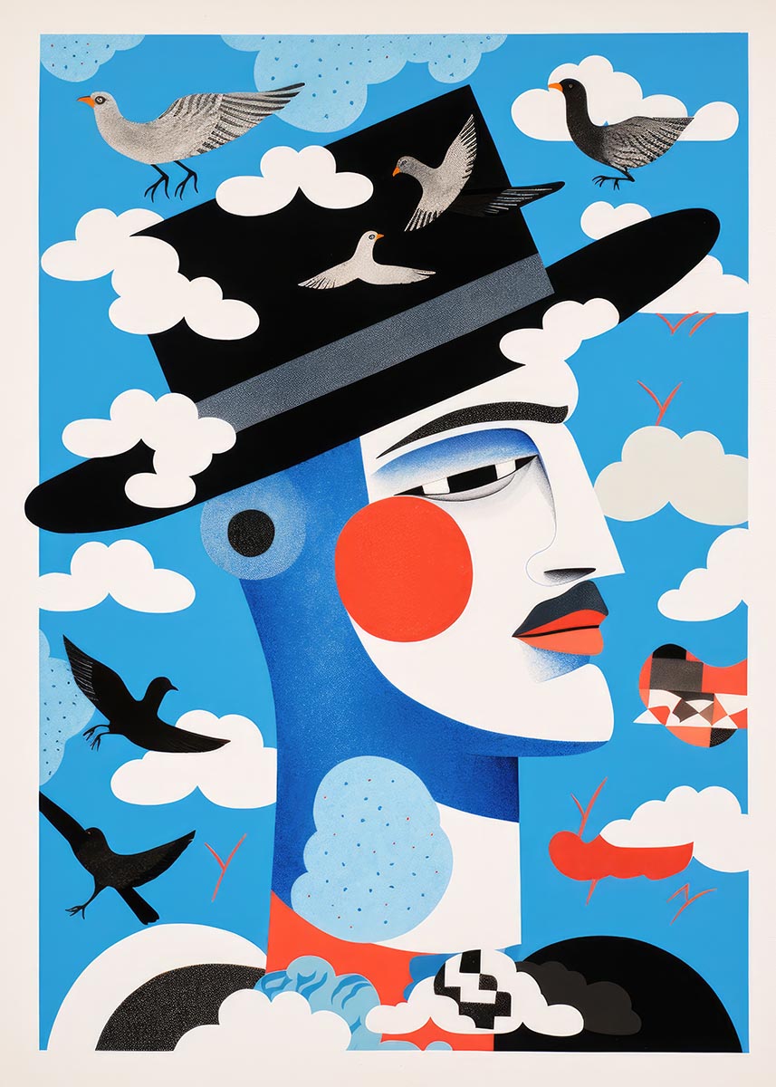 Illustration of a stylized face with a hat, surrounded by flying birds, clouds, and abstract shapes in bold colors, ideal for a nursery setting.