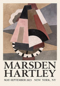 Abstract geometric artwork by Marsden Hartley in muted earth tones, featuring overlapping shapes in beige, pink, brown, and black, with bold serif text reading