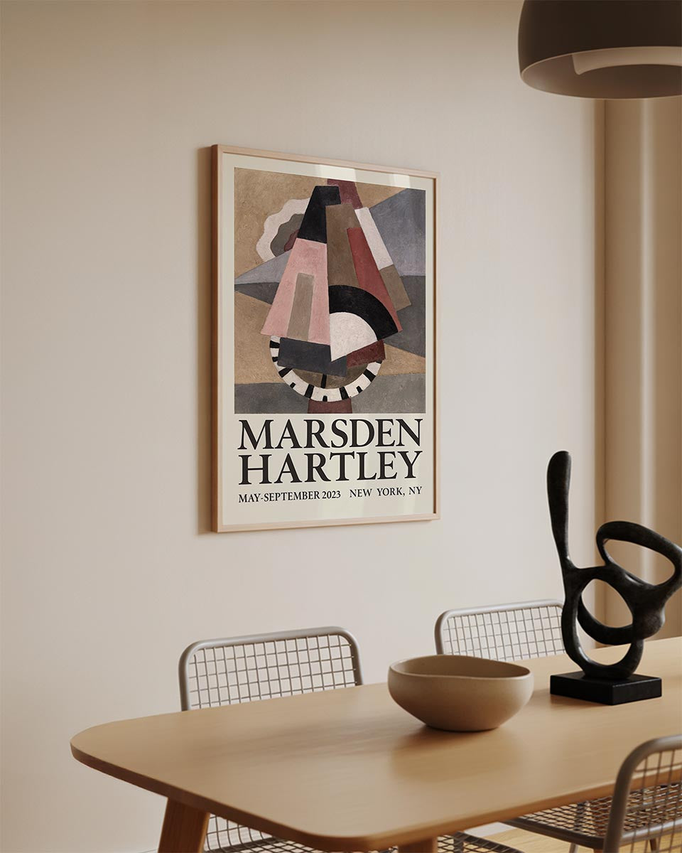 Abstract geometric artwork by Marsden Hartley in muted earth tones, featuring overlapping shapes in beige, pink, brown, and black, with bold serif text reading