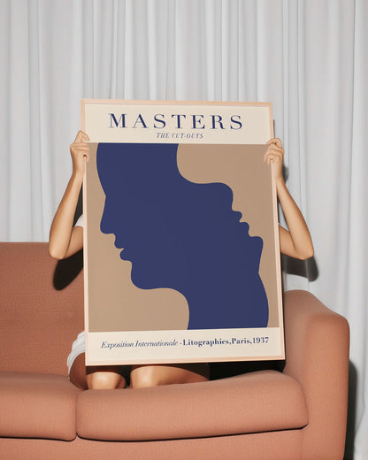 Modern art poster with a minimalist profile cut-out in navy blue set against a beige background, inscribed with 'MASTERS THE CUT-OUTS' in elegant typography, reminiscent of Parisian art exhibitions with a fresh, modern twist.
