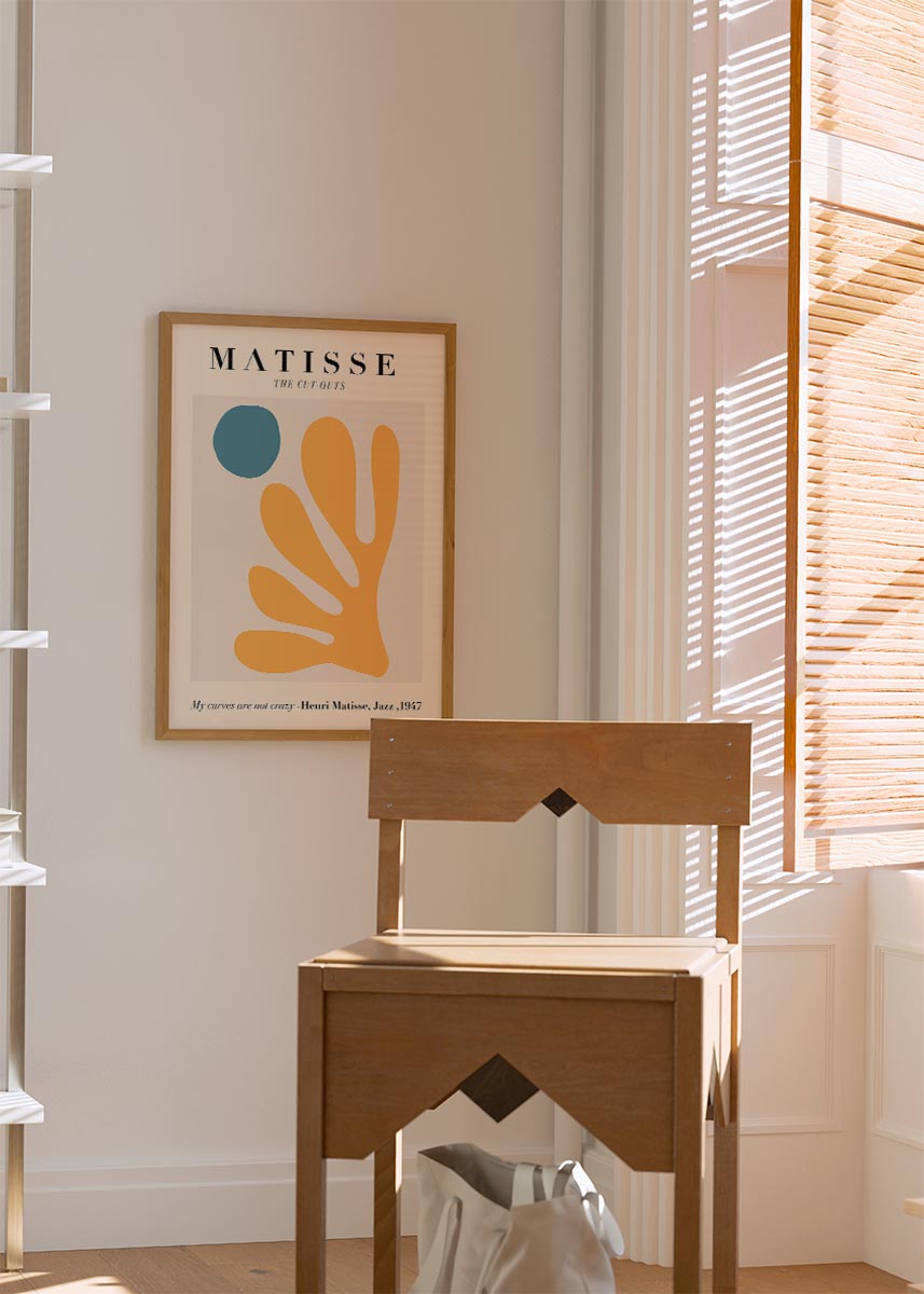 Henri Matisse The Cut-Outs poster featuring abstract orange and blue paper cut-out shapes with the quote ‘My curves are not crazy,’ inspired by his Jazz 1947 series.