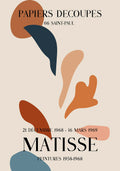 Henri Matisse Papiers Découpés exhibition poster with abstract organic shapes in earthy tones, inspired by his 1968 Saint-Paul cut-outs.