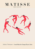 Minimalist poster featuring red abstract dancing figures from Matisse's "The Dance" on a beige background.
