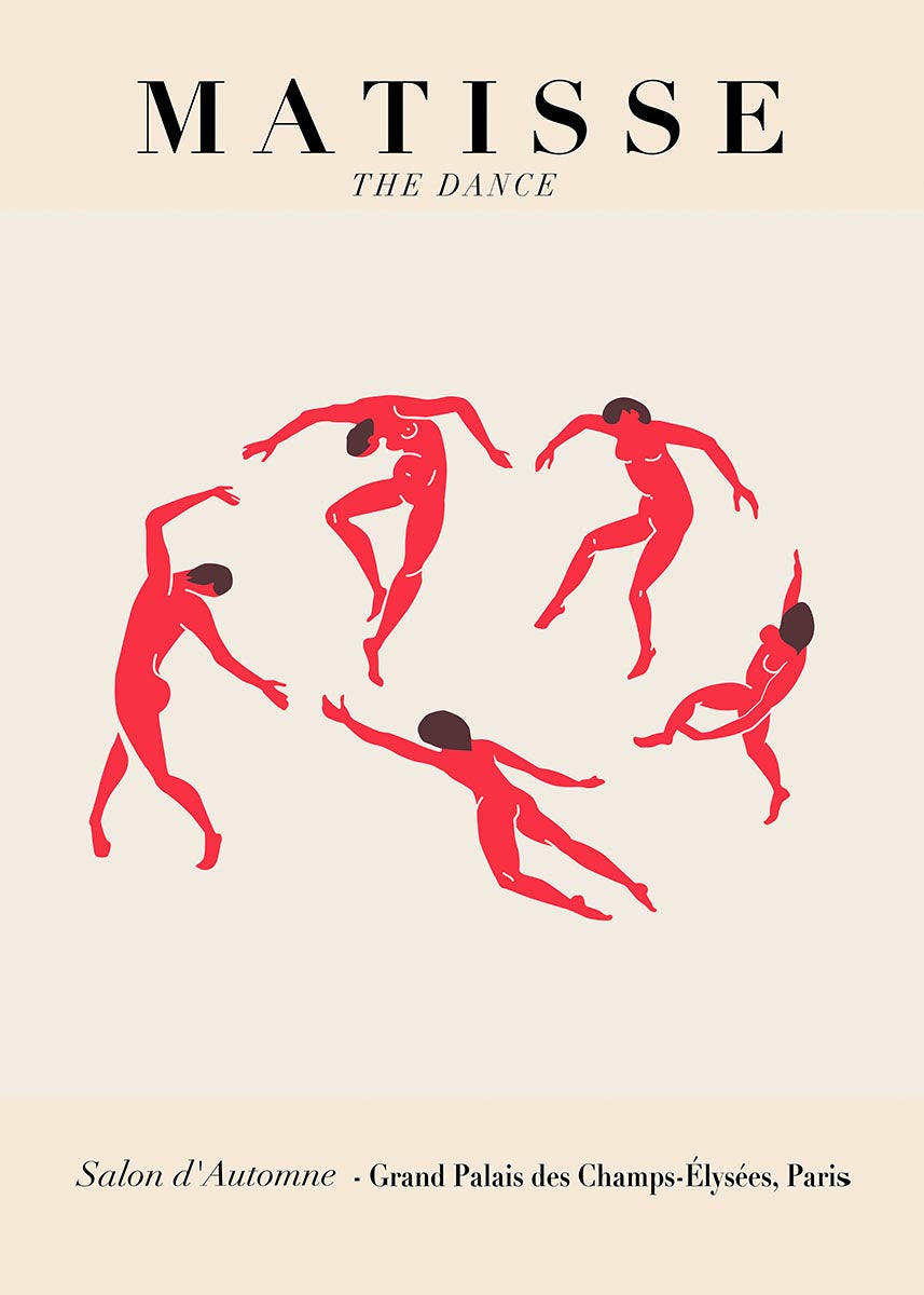 Minimalist poster featuring red abstract dancing figures from Matisse's "The Dance" on a beige background.
