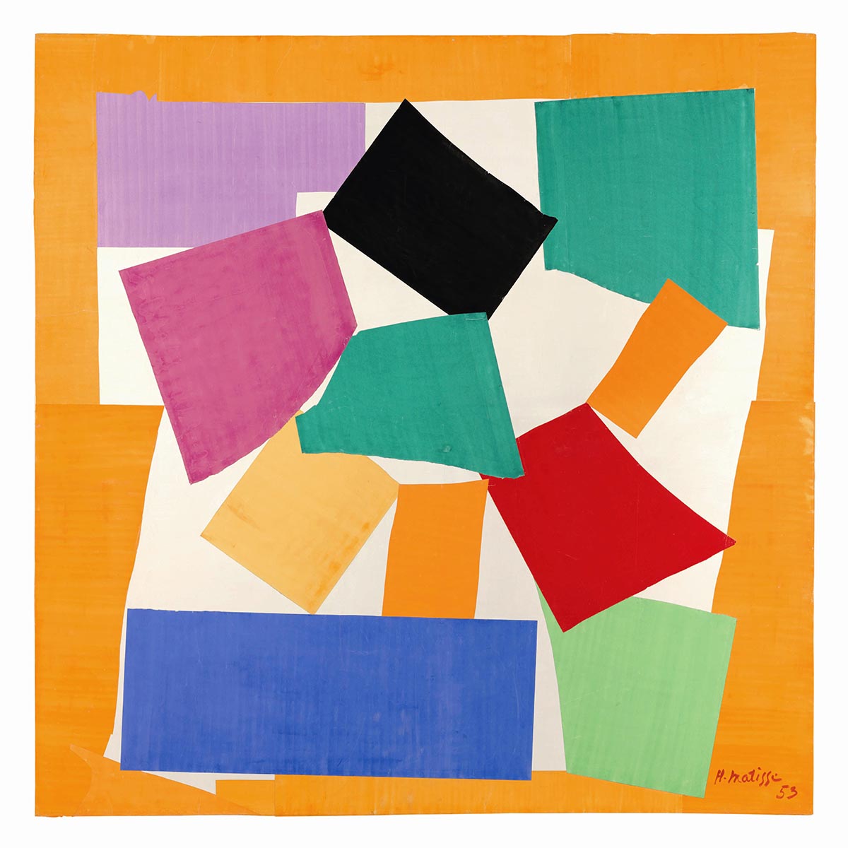 Henri Matisse The Snail poster featuring colorful abstract paper cut-out shapes on an orange background, 1953.