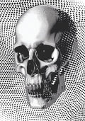 High-contrast black and white graphic poster of a human skull with hyper-realistic metallic highlights, set against a warped black halftone dot pattern on a white background.