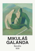 Bandits (1936) by Mikuláš Galanda — modernist painting featuring two abstract, intertwined human figures in green and beige tones set against a soft, mountainous background.