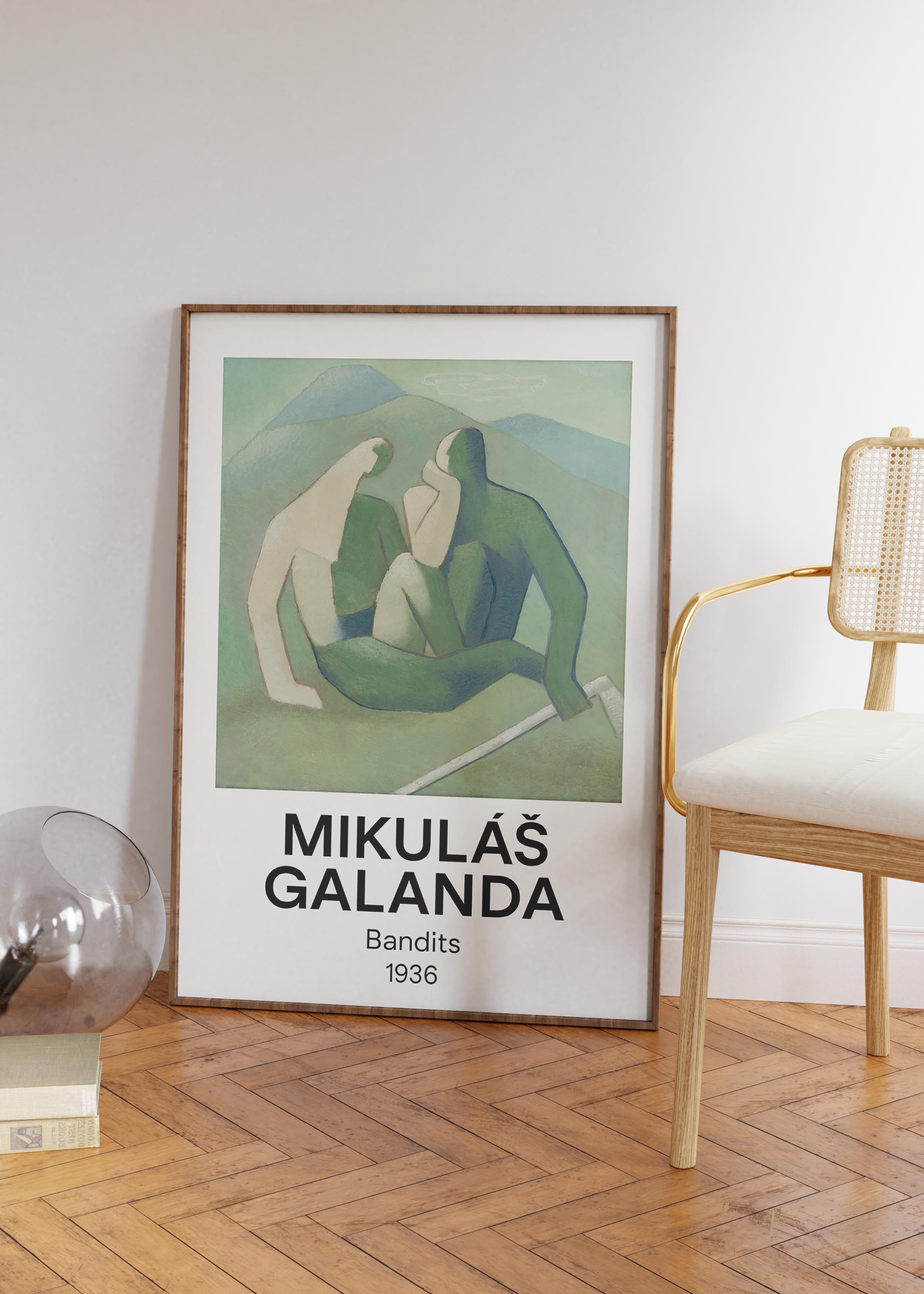 Bandits (1936) by Mikuláš Galanda — modernist painting featuring two abstract, intertwined human figures in green and beige tones set against a soft, mountainous background.