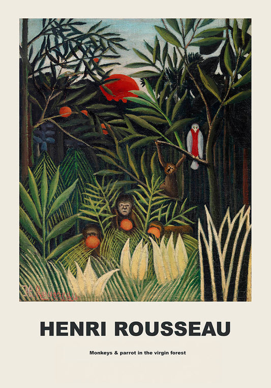 Lush green virgin forest scene by Henri Rousseau featuring playful monkeys and a perched white and red parrot, showcasing his signature post-impressionist style.