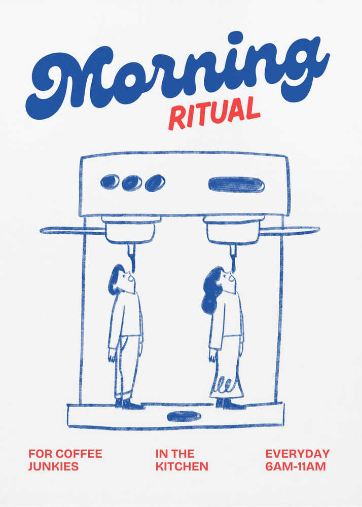 Morning Ritual coffee poster in blue and red, featuring a playful illustration of two people beneath an espresso machine