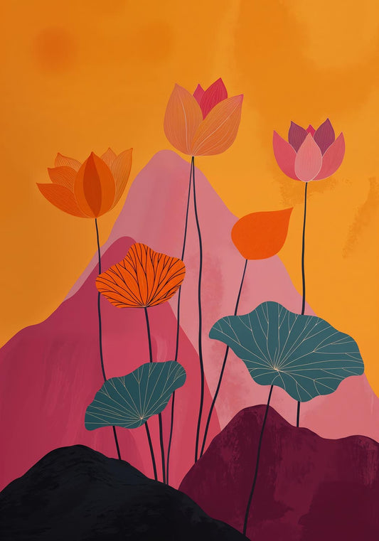 Stylized illustration of tall lotus flowers in orange and pink, with broad teal leaves and dark mountains, against a mustard yellow background.